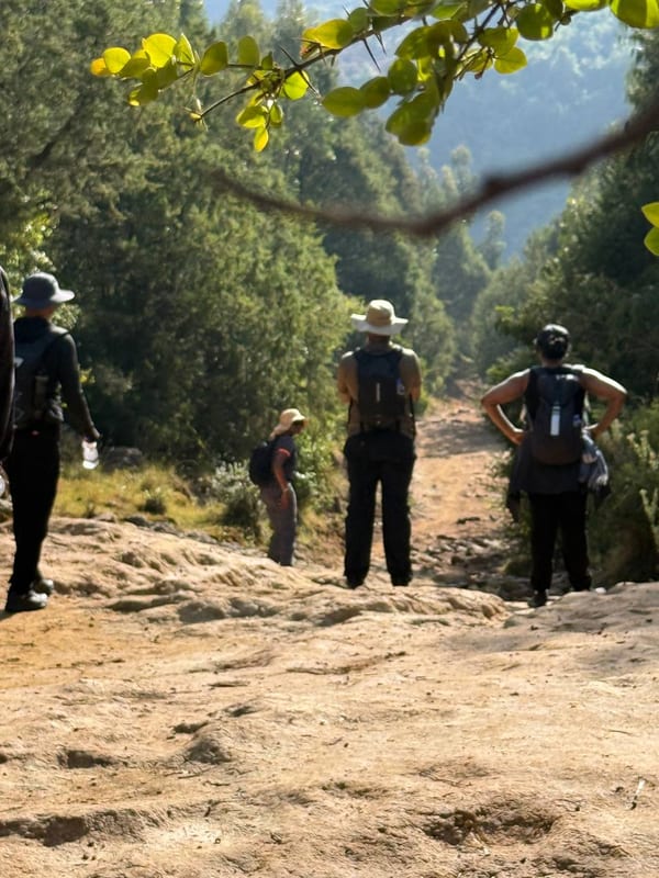 Hikers stopped in a clearing on a dusty trail