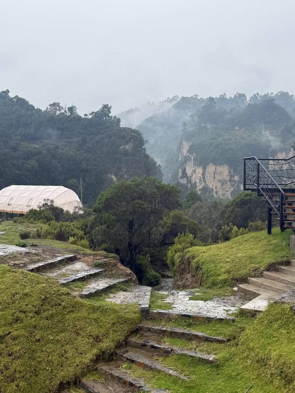 Stone steps through green hills, mist on the cliffs behind