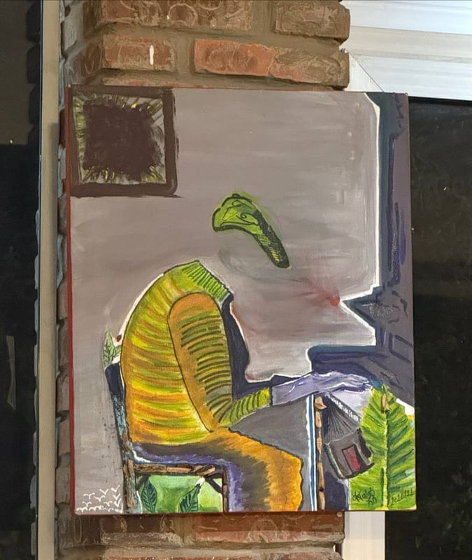 A painting of someone bent over a piano, propped against a brick pillar