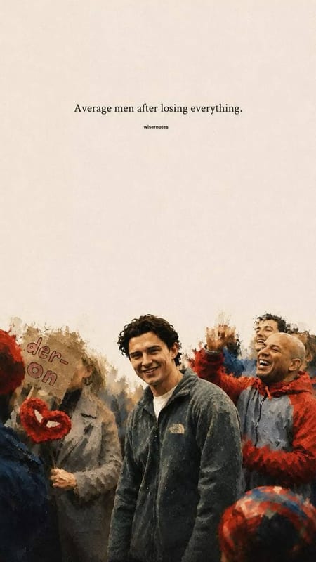 Tom Holland laughing, "Average men after losing everything."