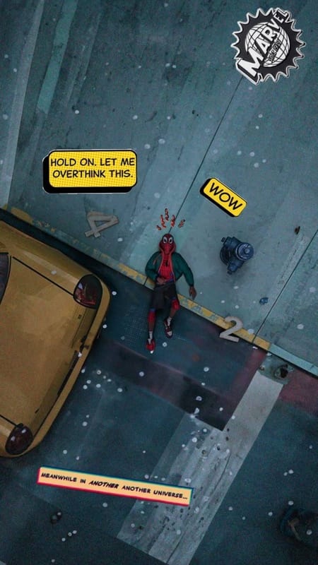 Spider-Man on a comic-book street, "Hold on, let me overthink this"