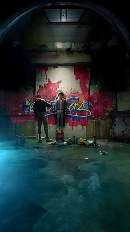 Miles and Gwen in a flooded station by a graffiti wall
