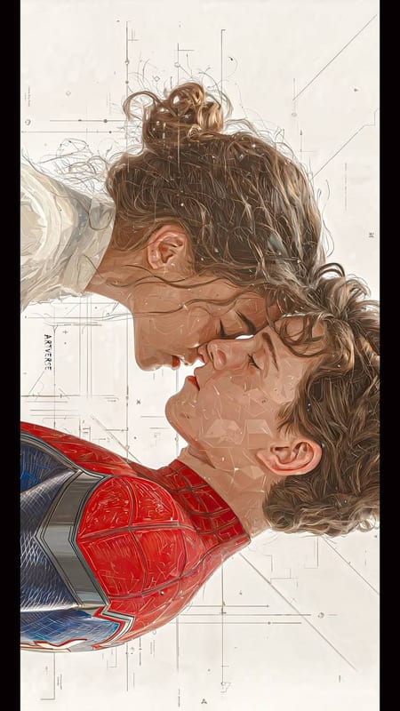 A sketch of Peter Parker and MJ kissing