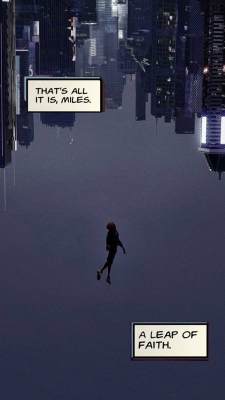 Miles falling through an upside-down city, "A leap of faith"