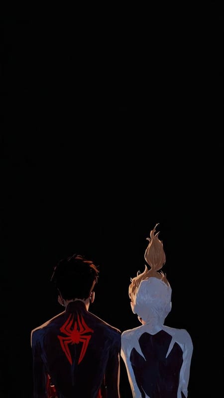 Miles and Gwen seen from behind in the dark