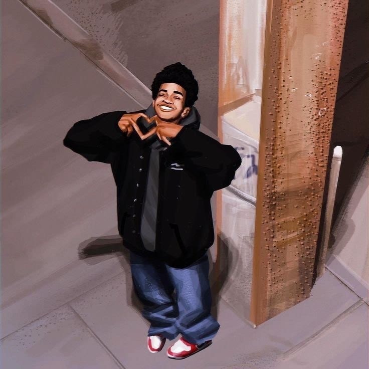 A painting of Miles Morales making a heart with his hands