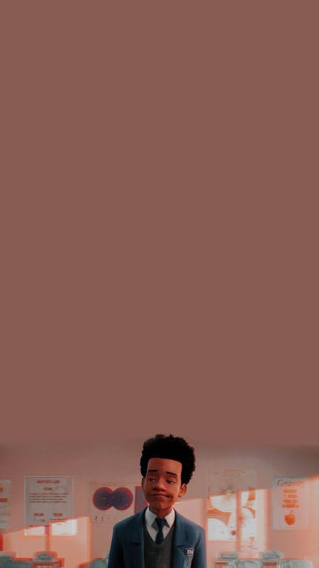 Miles Morales in a suit against a pink wall