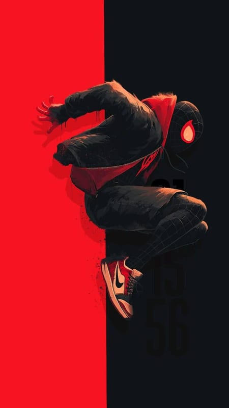 Miles Morales mid-jump against red and black