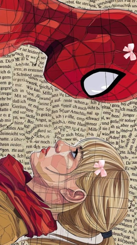 Spider-Man and Gwen Stacy drawn over newspaper pages