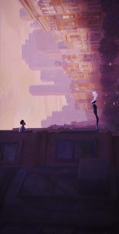 Miles and Gwen on an upside-down city in purple