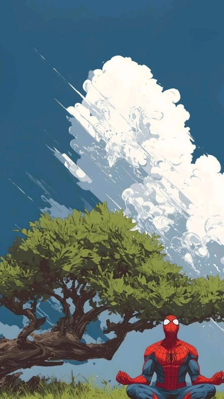Spider-Man meditating under a tree