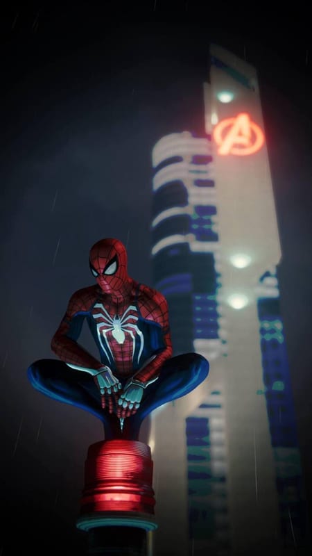 Spider-Man crouched on a hydrant by Avengers Tower