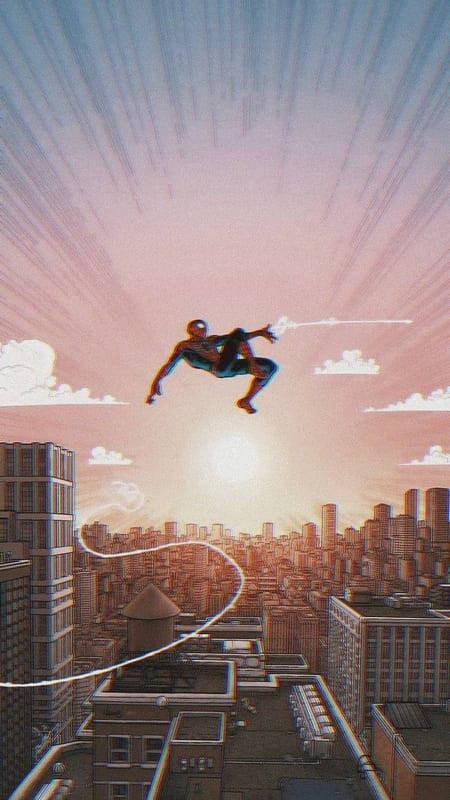 Spider-Man swinging over the city at sunrise
