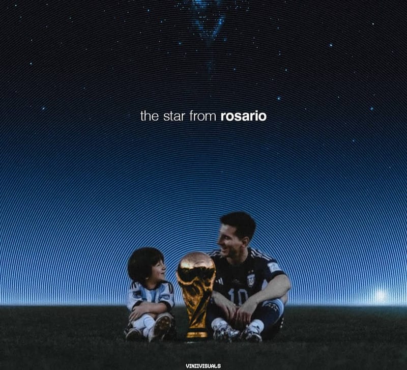 Messi and a boy beside the World Cup under the stars, "the star from rosario"