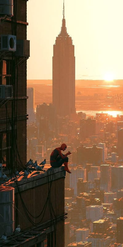 Spider-Man on a ledge watching the sun set over New York