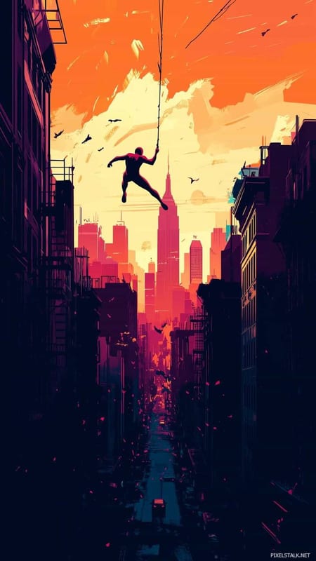 Spider-Man swinging between buildings at sunset