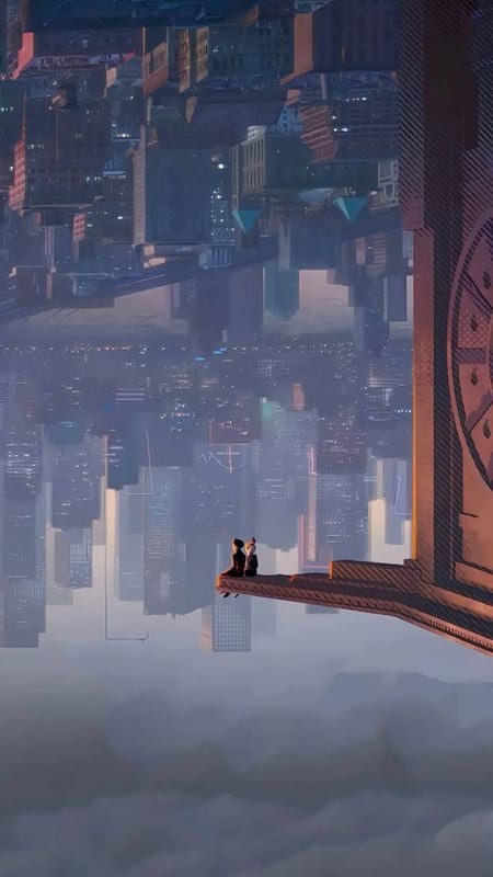 Two figures on an upside-down tower above the clouds