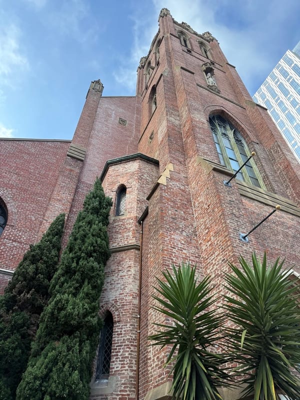 A red-brick church tower against the sky, palms at its foot