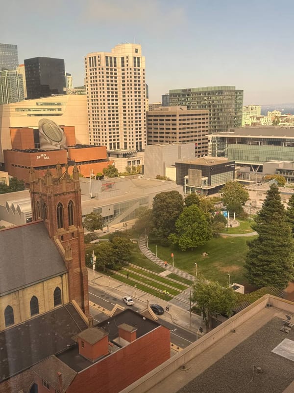 A church among the towers, seen from above