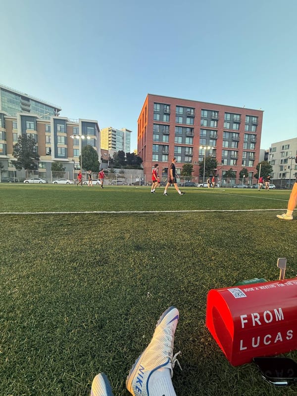 Lying on a field, a red "From Lucas" box beside me