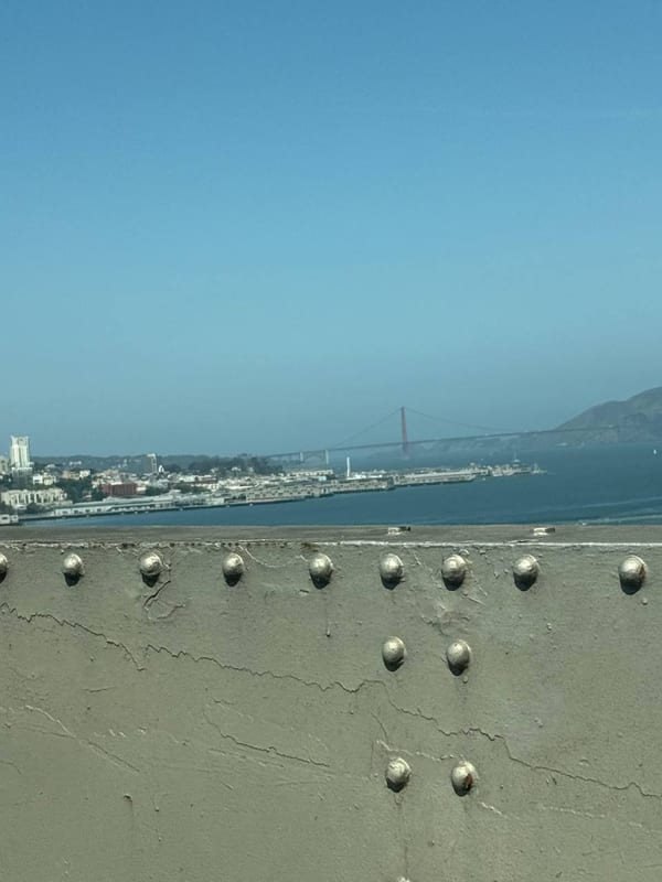 The Golden Gate far off, rivets in the foreground