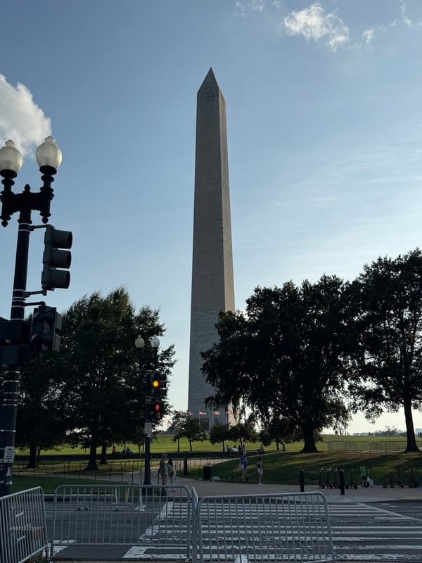The Washington Monument past a street corner and trees